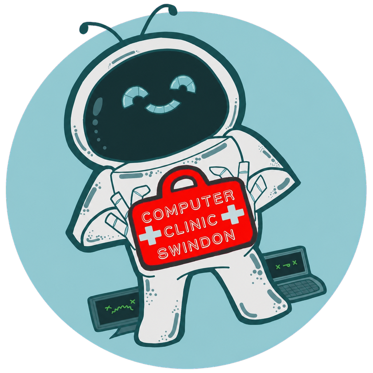 Computer Clinic Swindon robot mascot holding a red medical case